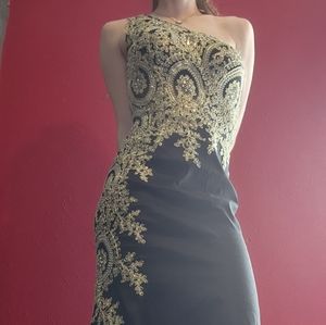 Black and gold sequenced prom dress